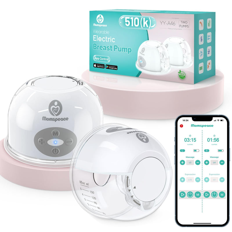Breast Pump Hands Free with APP for Busy Moms Momspeace Upgraded Portable Electric Breast Pumps Discreet Pumping Anywhere Anti-Backflow Safe Double Breast Pumps for Breastfeeding 24mm 2 Pack