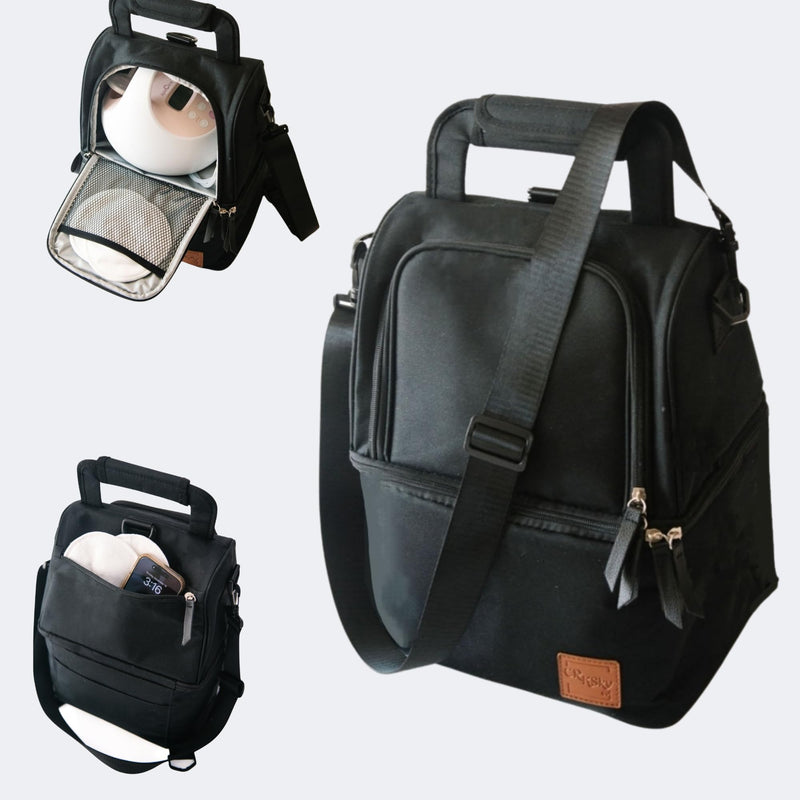 Breast Milk Cooler Travel Bag - Leak-Proof Wearable Breast Pump Bag Keeps Milk Cool for 12 Hrs - Polyester Breast Milk Bags w/Multiple Compartments - Bottle Cooler Bag for Breast Pumps & More (Black)