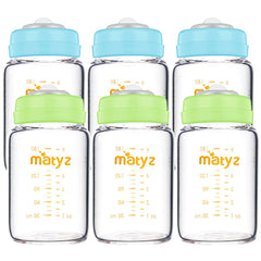 Matyz Glass Breastmilk Storage Bottles 6 Pack 6 oz Sturdy Glass Bottle for Milk Freezing and Baby Feeding - Pumping Bottle for Philips Medela Spectra Breast Pumps - No BPA (3 Green & 3 Blue Lids)